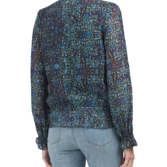 Smocked Ruffle Top Splatter Multi Print Career Blouse S - Picture 3 of 7